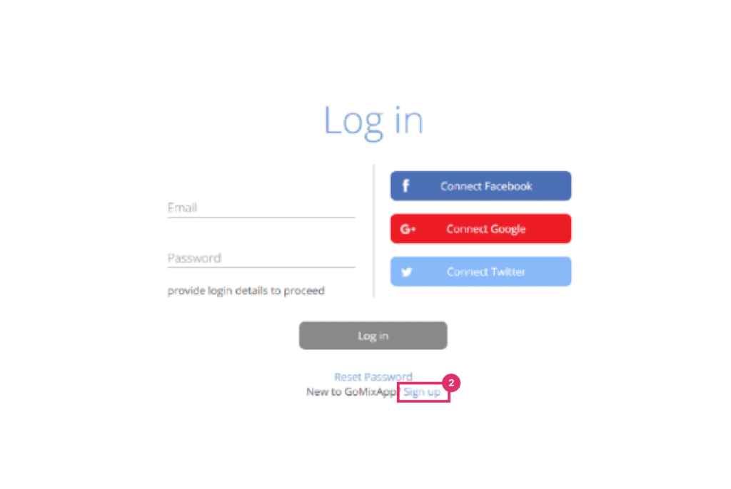 מסך כניסה לפלטפורמת GoMixApp בדסקטופ עם הדגשה ויזואלית על קישור ההרשמה Sign up בתחתית הדף למשתמשים חדשים