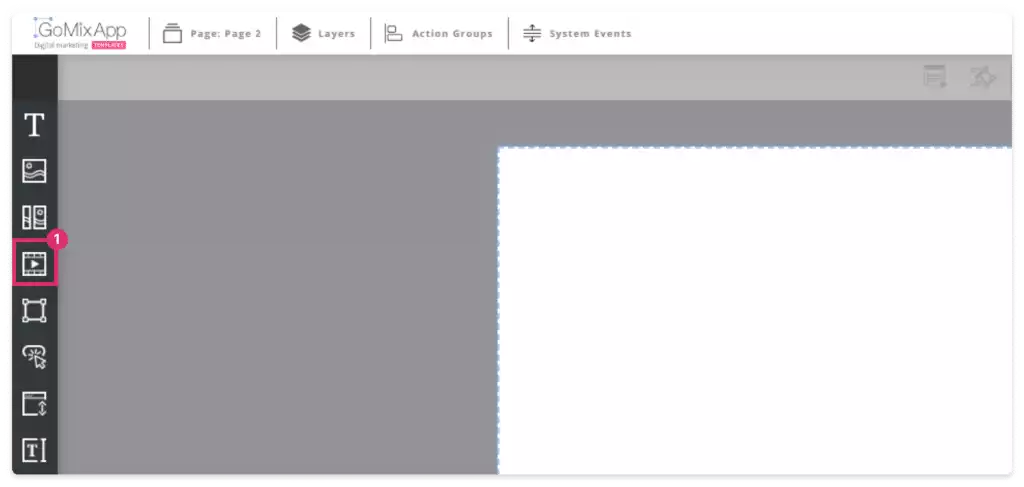 מסך עורך GoMixApp עם סימון אדום וסיפרה אחת על אייקון כלי הווידאו בסרגל הכלים הצדדי, מציג את עמוד שתיים של התבנית עם אזור עבודה ריק