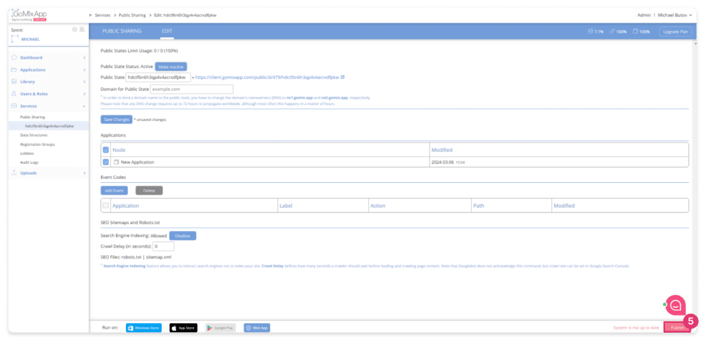 מסך Public Sharing ב-GoMixApp עם הדגשת כפתור Publish בפינה הימנית התחתונה לפרסום סופי של האפליקציה הציבורית