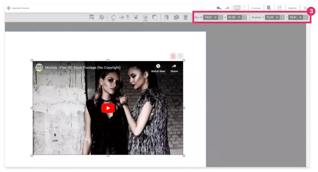 אלמנט וידאו ממוקם על קנבס העריכה בעורך GoMixApp עם סימון מספר שלוש על שדות גודל ומיקום בסרגל העליון המציגים רוחב וגובה באחוזים