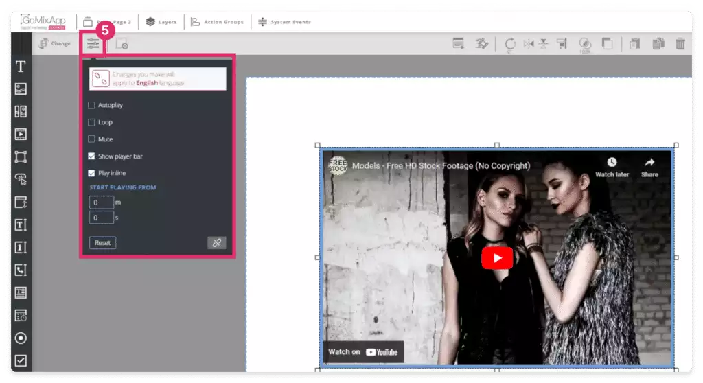 צילום מסך של פאנל הגדרות הווידאו בעורך GoMixApp הכולל אפשרויות ניגון אוטומטי, לולאה, השתקה, הצגת סרגל נגן וזמן התחלה לצד תצוגה מקדימה של סרטון יוטיוב