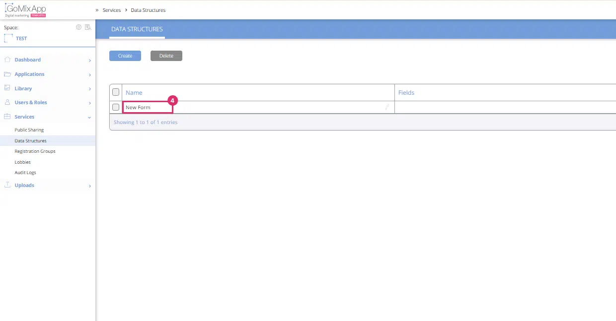 מסך Data Structures ב-GoMixApp עם טופס בשם New Form מסומן בריבוע ורוד, כפתורי Create ו-Delete