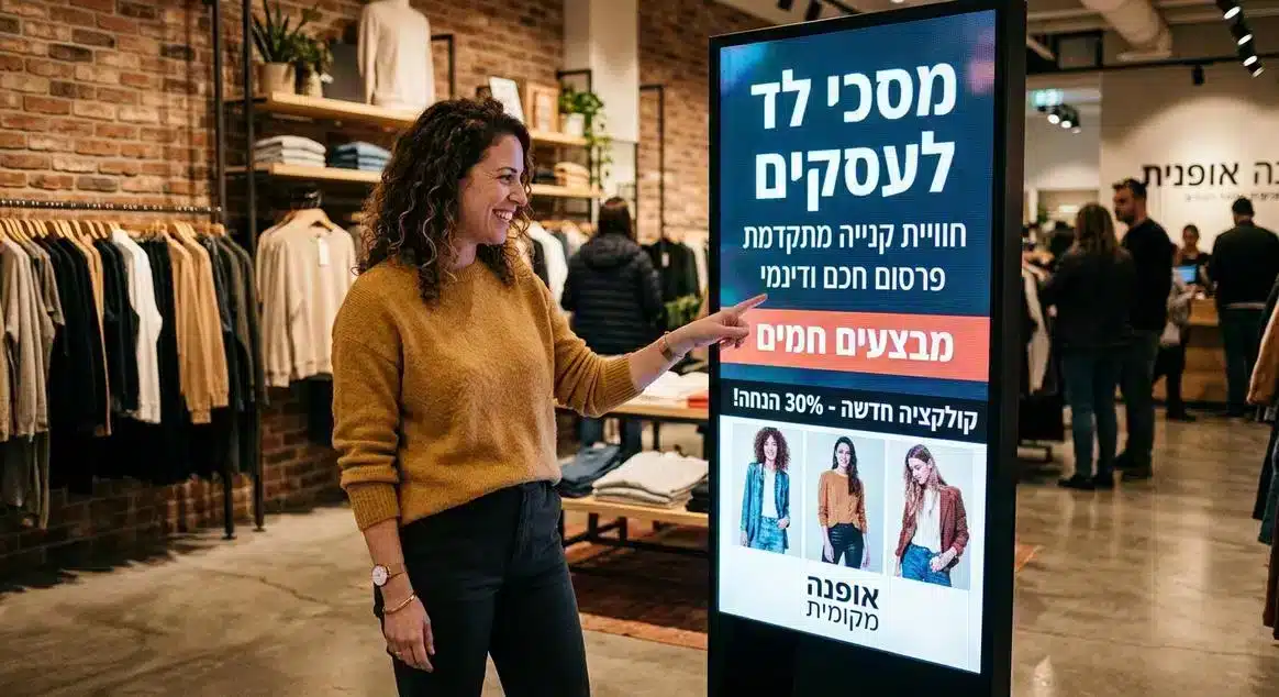 A candid, warm photograph of two people smiling and interacting with a illuminated LED display screen in a modern clothing store. תמונה כנה, חמימה ומציאותית של בעלת עסק מרוצה (אישה בשיער מתולתל וחולצה כתומה) המדגימה בחיוך מסך לד (LED) אנכי ומואר ללקוחה צעירה (עם משקפיים). השתיים עומדות בחנות בגדים מעוצבת ונעימה עם תאורה חמימה. על מסך הלד מוצגות פרסומות למותג אופנה הכוללות את הטקסט העברי "קולקציית קיץ - 20% הנחה", "אופנה", ו-"מבצעים". הרקע מטושטש ברכות ומציג קולבים עם בגדים וקיר לבנים. התמונה מאופיינת באווירה נגישה, מודרנית ואנושית.אשה מחייכת בחמימות מדגימה ללקוחה מסך לד אנכי בתוך חנות בגדים מעוצבת. על המסך מוצגת פרסומת בולטת לקולקציה חדשה בעברית. התמונה בעלת תאורה טבעית חמימה ומעבירה תחושת נגישות וחדשנות טכנולוגית לעסקים.אשה מחייכת בחמימות מדגימה ללקוחה מסך לד אנכי בתוך חנות בגדים מעוצבת. על המסך מוצגת פרסומת בולטת לקולקציה חדשה בעברית. התמונה בעלת תאורה טבעית חמימה ומעבירה תחושת נגישות וחדשנות טכנולוגית לעסקים.
