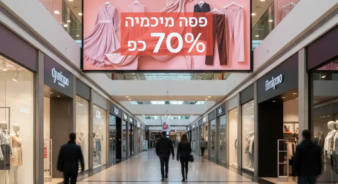 A candid, warm photograph of two people smiling and interacting with a illuminated LED display screen in a modern clothing store. תמונה כנה, חמימה ומציאותית של בעלת עסק מרוצה (אישה בשיער מתולתל וחולצה כתומה) המדגימה בחיוך מסך לד (LED) אנכי ומואר ללקוחה צעירה (עם משקפיים). השתיים עומדות בחנות בגדים מעוצבת ונעימה עם תאורה חמימה. על מסך הלד מוצגות פרסומות למותג אופנה הכוללות את הטקסט העברי "קולקציית קיץ - 20% הנחה", "אופנה", ו-"מבצעים". הרקע מטושטש ברכות ומציג קולבים עם בגדים וקיר לבנים. התמונה מאופיינת באווירה נגישה, מודרנית ואנושית.אשה מחייכת בחמימות מדגימה ללקוחה מסך לד אנכי בתוך חנות בגדים מעוצבת. על המסך מוצגת פרסומת בולטת לקולקציה חדשה בעברית. התמונה בעלת תאורה טבעית חמימה ומעבירה תחושת נגישות וחדשנות טכנולוגית לעסקים.אשה מחייכת בחמימות מדגימה ללקוחה מסך לד אנכי בתוך חנות בגדים מעוצבת. על המסך מוצגת פרסומת בולטת לקולקציה חדשה בעברית. התמונה בעלת תאורה טבעית חמימה ומעבירה תחושת נגישות וחדשנות טכנולוגית לעסקים.