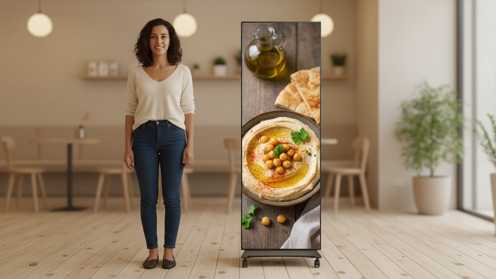 אישה ישראלית מתבוננת בפוסטר לד עומד יחיד המציג פרסומת אוכל בבית קפה