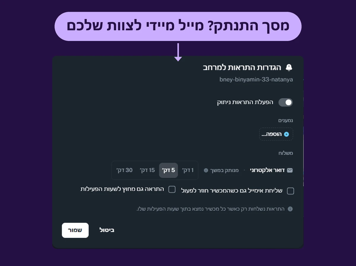 בקרת מסכים: הגדרת התראות ניתוק במייל — בחירת נמענים וזמן המתנה לפני שליחה